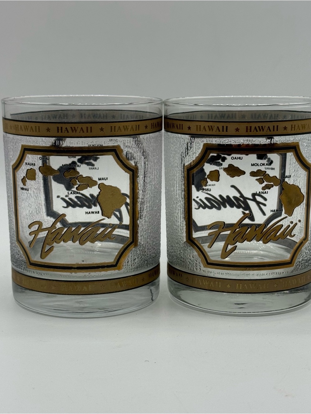 Vintage Hawaii Souvenir Rocks Glasses Old Fashioned Gold
